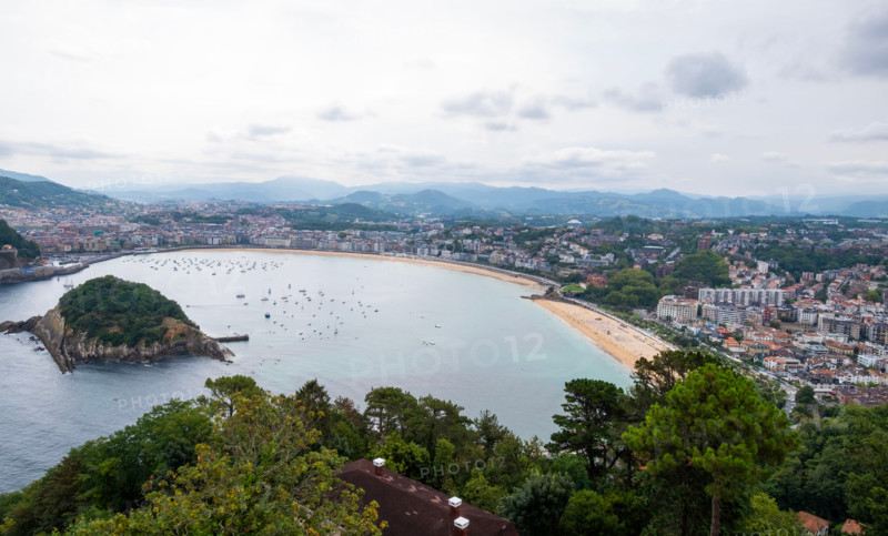 High angle view of bay and town. San Sebastian, Gipuzkoa, Spain