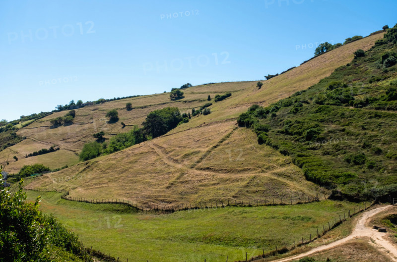 Green hills with fields and trails. Zumaia, Gipuzkoa, Spain