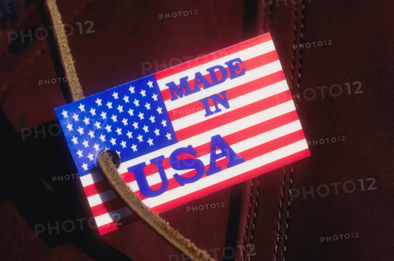 Close-up of Made in USA tag on leather boot. Chatham, New Jersey, United States