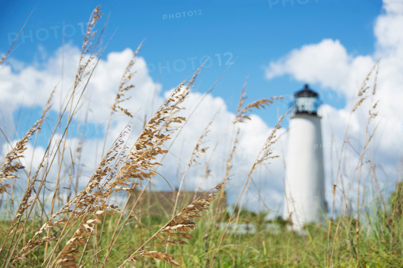 St. George Island Lighthouse with grass in foreground. St. George Island, Florida, United States