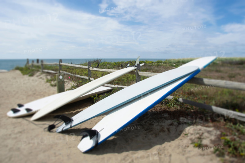 Surfboards leaning on fence at Cisco Beach. Nantucket, Massachusetts, United States