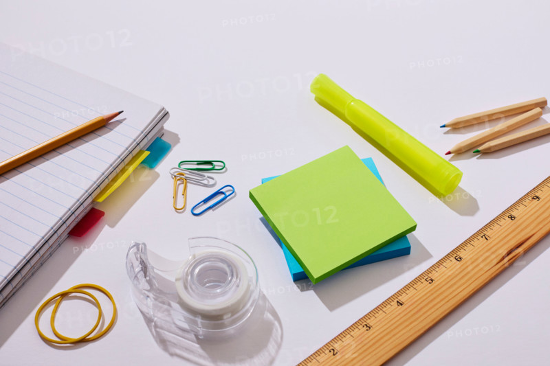School supplies on white background. New York City, New York State, United States