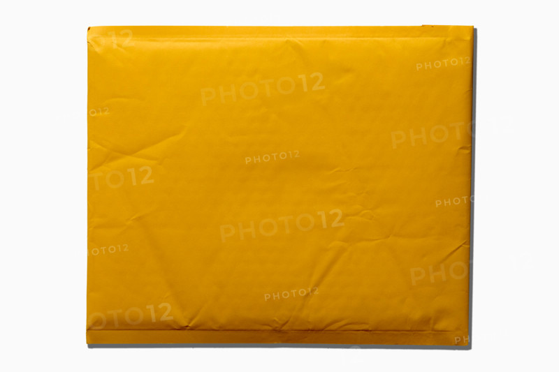 Blank bubble mailer on white background. New York City, New York State, United States