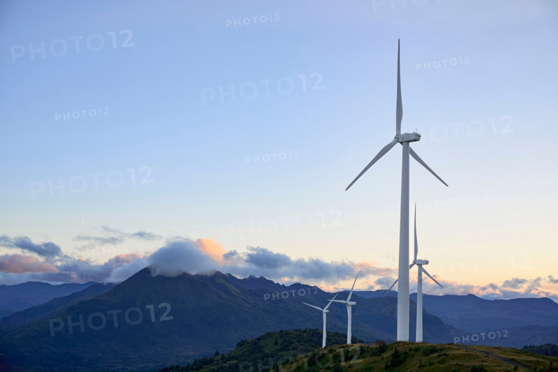 Wind turbines and mountains at sunset. Kodiak, Alaska, United States