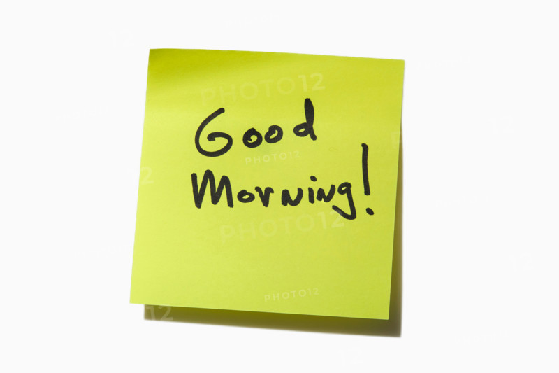Good Morning on yellow post it note. New York City, New York State, United States