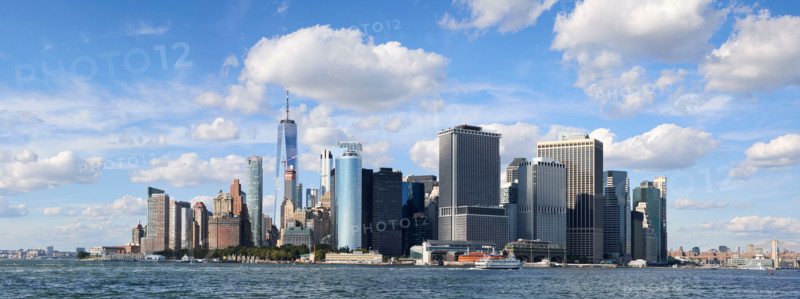 Manhattan skyline seen across water. New York City, New York State, United States