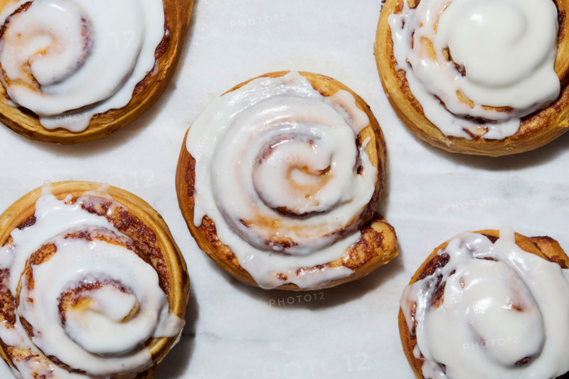 Overhead view of cinnamon rolls. New York City, New York State, United States