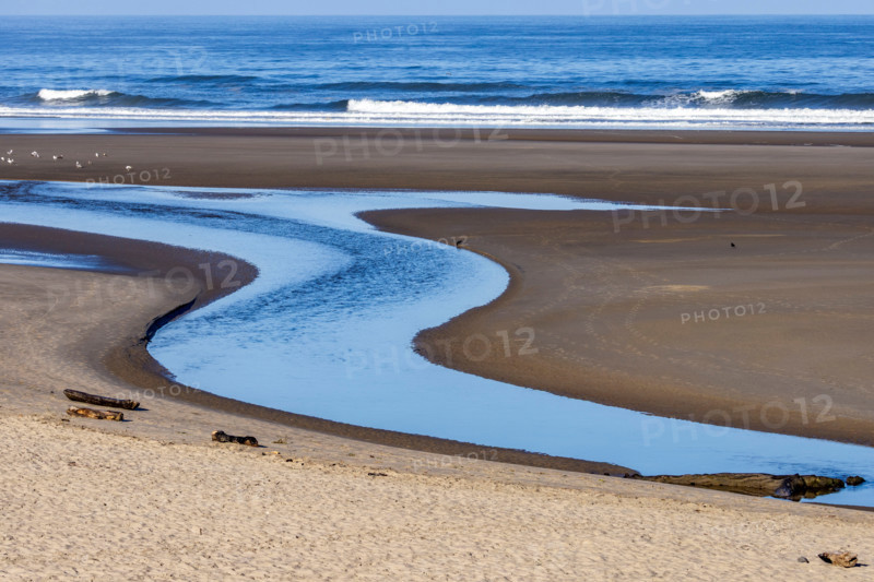 S-shaped Ecola Creek flowing into Pacific Ocean. Cannon Beach, Oregon, United States