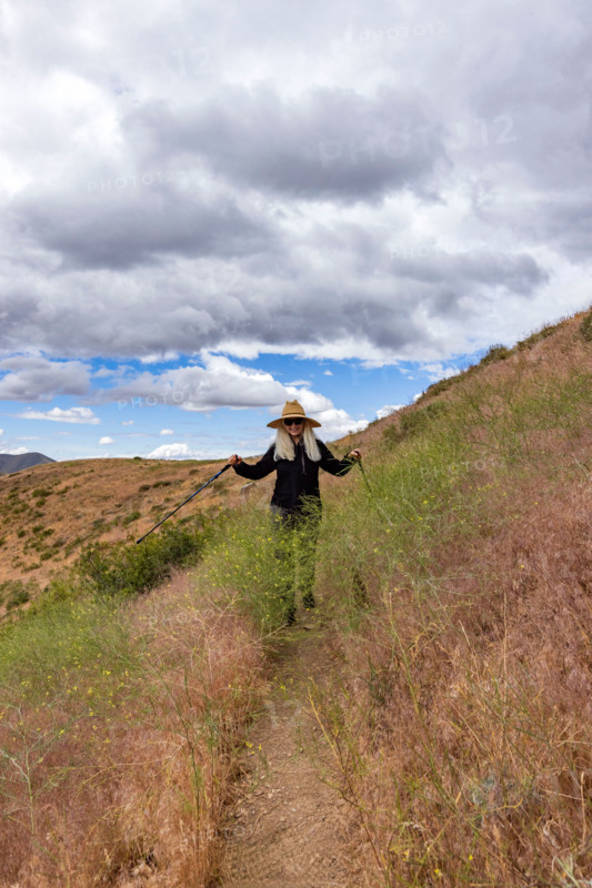 Woman on hiking trail near Carbonate Mountain. Hailey, Idaho, United States