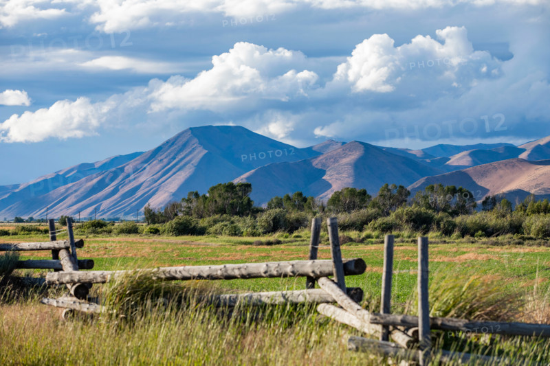Fence in field with hills in background. Bellevue, Idaho, United States