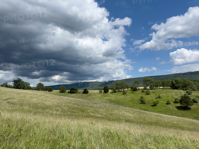White puffy clouds over green meadow. Blacksburg, Virginia, United States