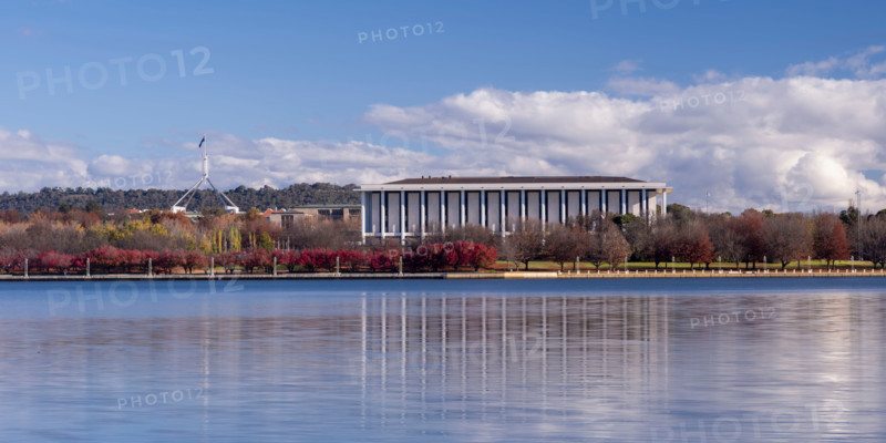 National Library of Australia and Parliament House across Lake Burley Griffin. Canberra, Australian Capital Territory, Australia