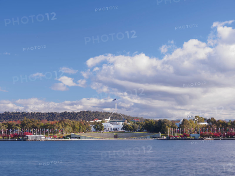 Parliament House seen across Lake Burley Griffin. Canberra, Australian Capital Territory, Australia