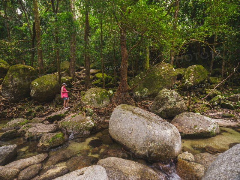 Tourist looking at phone while standing next to Mossman River. Mossman, Queensland, Australia
