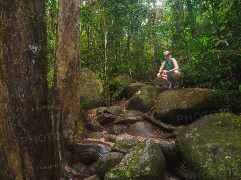 Female hiker rests on rocks in tropical rainforest . Mossman, Queensland, Australia