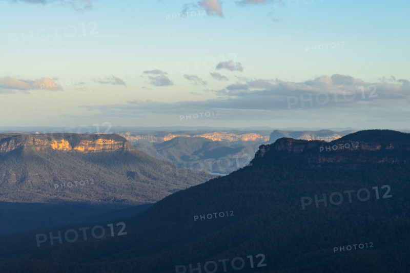 View of Warragamba Dam and Jamison Valley at sunset. Leura, New South Wales, Australia
