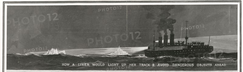 Illustration exposant la nécessité d’installer des projecteurs de nuit puissants sur les navires d’envergure similaire au RMS Titanic. Le naufrage du Titanic serait, en grande partie, dû au manque de visibilité du paquebot et à son incapacité à détecter la présence d’icebergs, au cœur de la nuit. Construit par Harland & Wolff, à Belfast (Irlande), en 1910-1911, le RMS Titanic sombra après avoir heurté un iceberg, le 15 avril 1912, au large de Terre-Neuve, lors de son voyage inaugural de Southampton (Angleterre) à New York (USA), entraînant la perte de 1522 passagers et membres d’équipage. (Photo par Titanic Images/Universal Images Group)