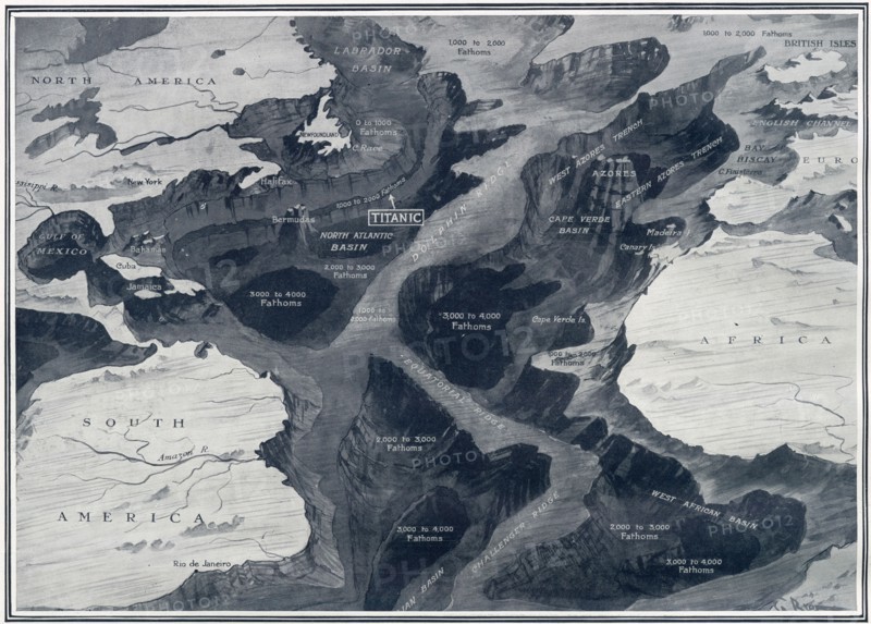 Illustration situant l'épave du RMS Titanic sur une carte de l’océan atlantique. Construit par Harland & Wolff, à Belfast (Irlande), en 1910-1911, le RMS Titanic sombra après avoir heurté un iceberg, le 15 avril 1912, au large de Terre-Neuve, lors de son voyage inaugural de Southampton (Angleterre) à New York (USA), entraînant la perte de 1522 passagers et membres d’équipage. (Photo par Titanic Images/Universal Images Group)