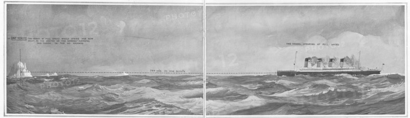 Illustration montrant qu’un navire de l’envergure du RMS Titanic peut parcourir 680 mètres en une minute, soulignant la rapidité avec laquelle un accident peut survenir et l’importance d’installer des projecteurs puissants sur les paquebots à grande vitesse. Construit par Harland & Wolff, à Belfast (Irlande), en 1910-1911, le RMS Titanic sombra après avoir heurté un iceberg, le 15 avril 1912, au large de Terre-Neuve, lors de son voyage inaugural de Southampton (Angleterre) à New York (USA), entraînant la perte de 1522 passagers et membres d’équipage. (Photo par Titanic Images/Universal Images Group)