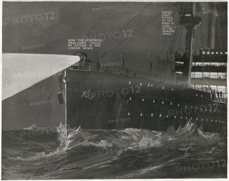 Illustration exposant la nécessité d’installer des projecteurs de nuit puissants sur les navires d’envergure similaire au RMS Titanic. Le naufrage du Titanic serait, en grande partie, dû au manque de visibilité du paquebot et à son incapacité à détecter la présence d’icebergs, au cœur de la nuit. Construit par Harland & Wolff, à Belfast (Irlande), en 1910-1911, le RMS Titanic sombra après avoir heurté un iceberg, le 15 avril 1912, au large de Terre-Neuve, lors de son voyage inaugural de Southampton (Angleterre) à New York (USA), entraînant la perte de 1522 passagers et membres d’équipage. (Photo par Titanic Images/Universal Images Group)