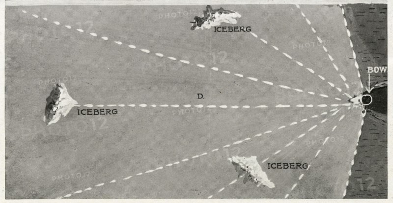 Illustration montrant comment un projecteur de nuit, monté à la proue d’un navire, pourrait, grâce à un mouvement tournant ou d’oscillation, créer un chemin de lumière dirigé droit devant, mais aussi à bâbord et à tribord. Le naufrage du Titanic serait en grande partie dû à un manque de visibilité du paquebot et à son incapacité à détecter la présence d’icebergs, au cœur de la nuit. Construit par Harland & Wolff, à Belfast (Irlande), en 1910-1911, le RMS Titanic sombra après avoir heurté un iceberg, le 15 avril 1912, au large de Terre-Neuve, lors de son voyage inaugural de Southampton (Angleterre) à New York (USA), entraînant la perte de 1522 passagers et membres d’équipage. (Photo par Titanic Images/Universal Images Group)
