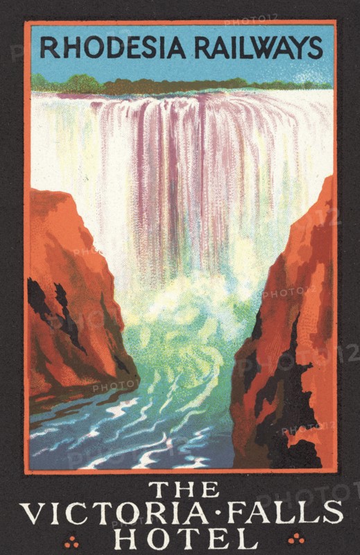 Rhodesia Railways' advert for the Victoria Falls Hotel. An advert distributed by 'Rhodesia Railways' promotes the Victoria Falls Hotel with a stylised illustration of the famous waterfall. The luxury hotel was built at Victoria Falls in 1904 to accommodate the influx of tourists brought by the newly developed railway. Matabeleland, Southern Rhodesia (Matabeleland North, Zimbabwe), circa 1936. Victoria Falls, Matabeleland North, Zimbabwe, Southern Africa, Africa.