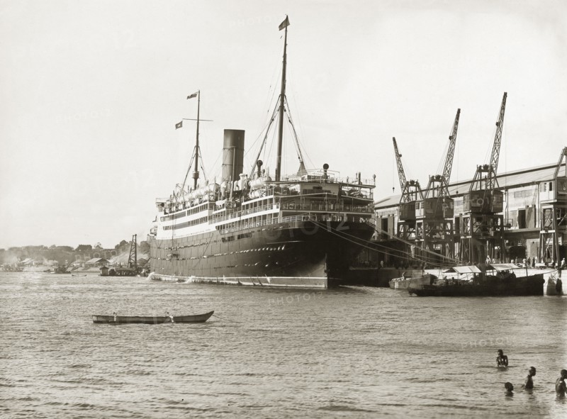 SS Franconia at Kilindini harbour. SS Franconia docked at Kilindini harbour. Mombasa, Kenya, circa 1930. Mombasa, Coast, Kenya, Eastern Africa, Africa.