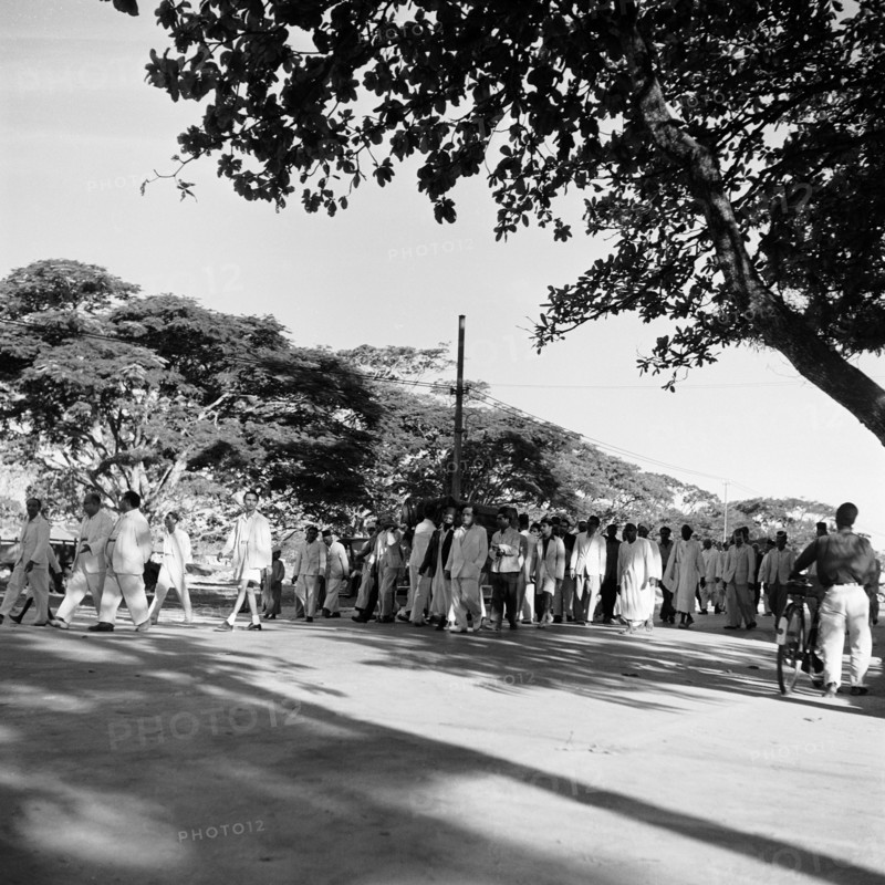 Zanzibar funeral. An all male funeral procession dressed predominantly in white, makes its way along a main street with a coffin covered by a dark cloth. Zanzibar (Tanzania), 3-12 March 1953., Zanzibar Central/South, Tanzania, Eastern Africa, Africa.