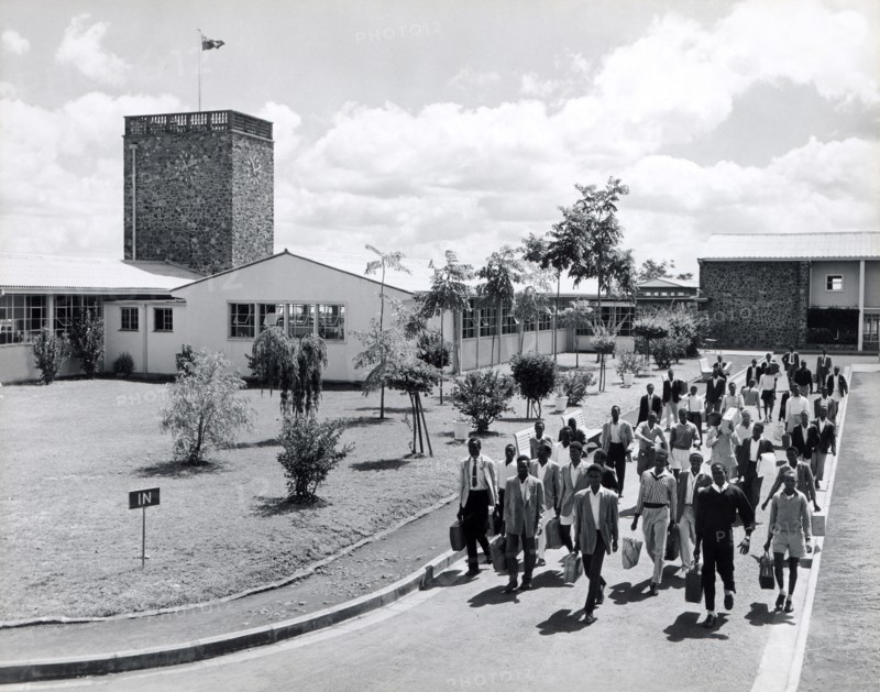 Railway training school. A publicity photograph from the East African Railways and Harbours Administration (EAR&H) showing male students and staff leaving the railway training school. Nairobi, Kenya, circa 1960. Nairobi, Nairobi Area, Kenya, Eastern Africa, Africa.