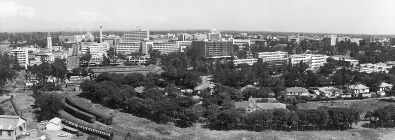 Nairobi city centre. A panoramic photograph from the publicity department of the East African Railways and Harbours Administration (EAR&H) showing Nairobi city centre. Nairobi, Kenya, circa 1960. Nairobi, Nairobi Area, Kenya, Eastern Africa, Africa.