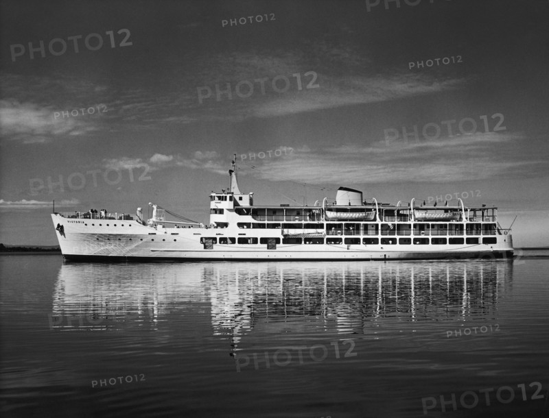 SS Victoria on Lake Victoria. A publicity photograph from the East African Railways and Harbours Administration (EAR&H) showing the SS Victoria, a passenger ferry servicing the ports of Lake Victoria. Lake Victoria, Kenya, circa 1960. Kisumu, Nyanza, Kenya, Eastern Africa, Africa.