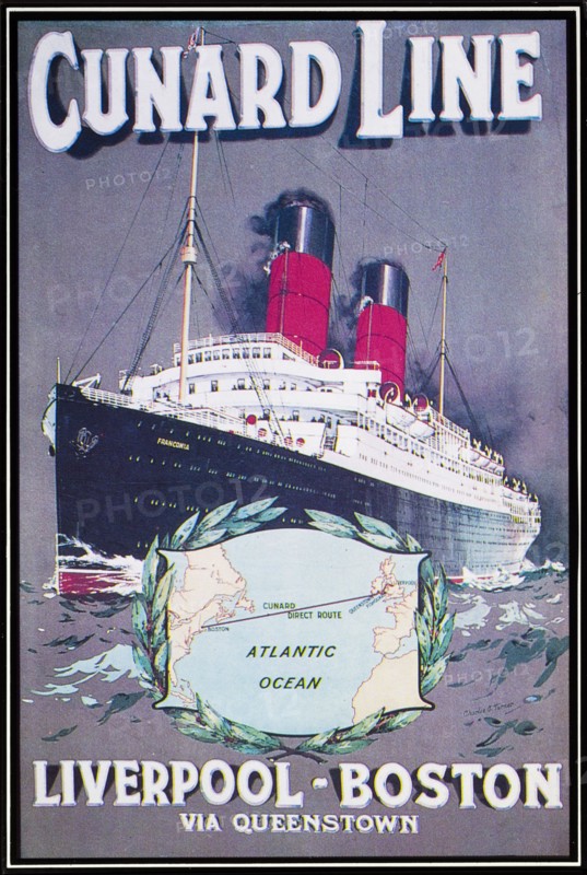 Cunard Line poster. A 1990s reproduction of an early Cunard Line poster, depicting the SS Franconia to advertise the service running between Liverpool and Boston. Location unknown, circa 1912.