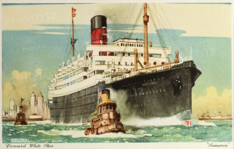 RMS Samaria leaves New York. Postcard of a drawing by Kenneth Shoesmith that depicts the RMS Samaria heading out to sea from port accompanied by smaller sea vessels, including one that flies the American flag. New York, United States of America, circa 1928. New York, New York, United States of America, North America, North America .