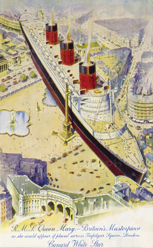 RMS Queen Mary in Trafalgar Square. Postcard of a fantastical drawing depicting the RMS Queen Mary ocean liner 'as she would appear if placed across Trafalgar Square, London'. The size comparison between liner and reknowned national landmarks emphasises the ship's enormity. London, England, circa 1938. London, London, City of, England (United Kingdom), Western Europe, Europe .