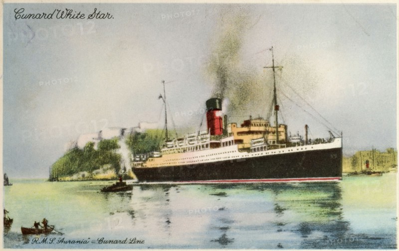 RMS Aurania steam liner. Postcard of a drawing that depicts the RMS Aurania pulling away from a harbour. Location unknown, circa 1935.