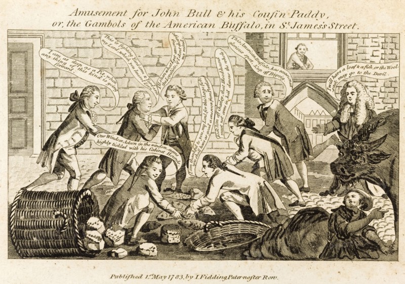 The Gambols of the American Buffalo in St James' Street'. Originally captioned 'The Gambols of the American Buffalo in St James' Street', this satirical cartoon depicts ministers and would-be ministers scrambling for loaves and fish scattered on the ground by a buffalo appearing to the right. London, England, 1 May 1783. London, London, City of, England (United Kingdom), Western Europe, Europe .
