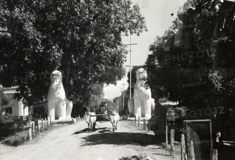 Lion statues guard a Burmese road. A cattle-drawn cart travels along a road guarded by two large, stone statues of lions. Burma (Myanmar), circa 1910. Burma (Myanmar), South East Asia, Asia.
