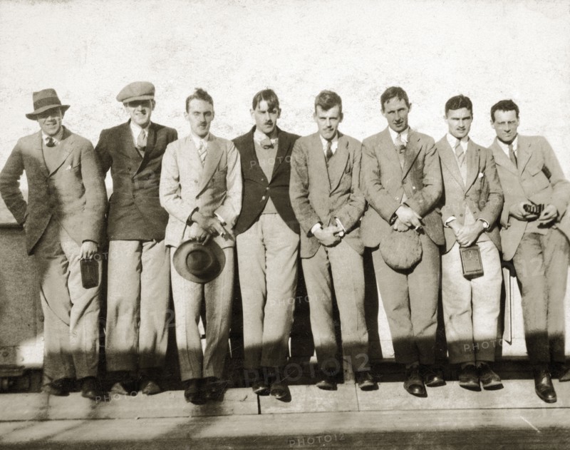Sudan Political Service probationers. A group of European men, probationers in the Sudan Political Service, line up to have their photograph taken on the deck of SS Kemmendine. Sudan, November 1924. Sudan, Eastern Africa, Africa.