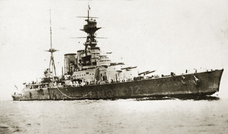 HMS Hood. Battle cruiser HMS Hood, one of the ships that participated in the world cruise of the British Special Service Squadron 1923-4. Location unknown, circa 1923.