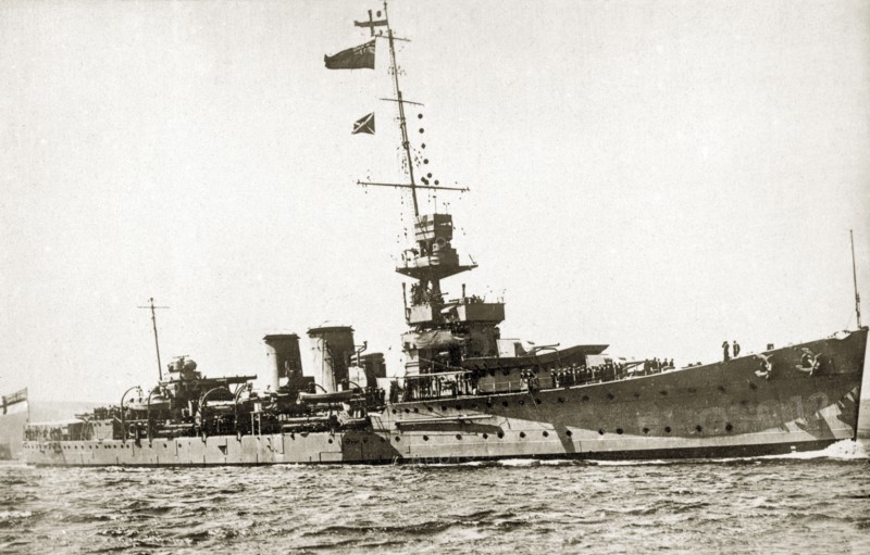 HMS Delhi. Light cruiser HMS Delhi, one of the ships that participated in the world cruise of the British Special Service Squadron 1923-4. Location unknown, circa 1923.
