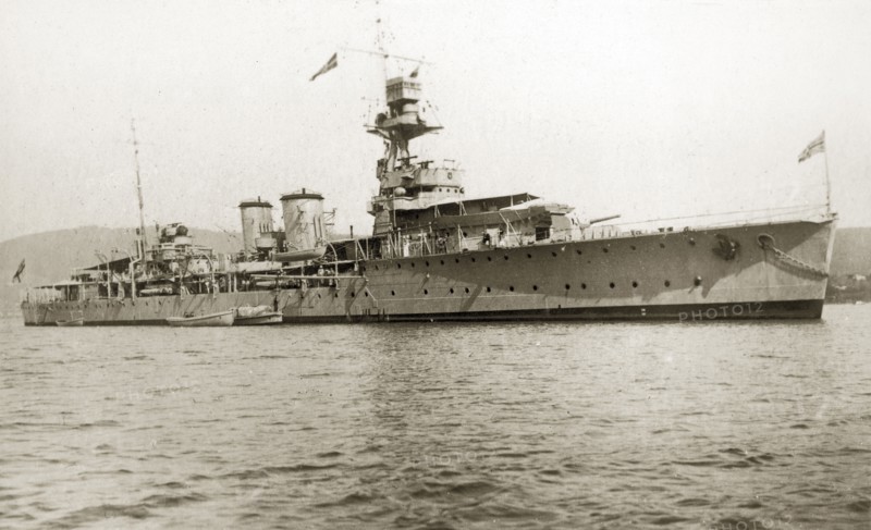 HMS Danae. Light cruiser HMS Danae, one of the ships that participated in the world cruise of the British Special Service Squadron 1923-4. Location unknown, circa 1923.