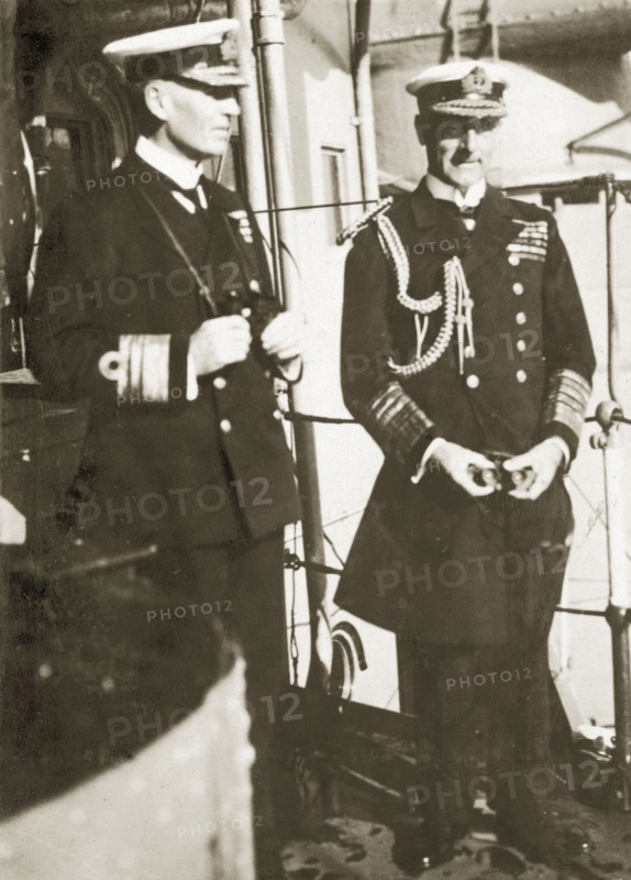 Viscount Jellicoe of Scapa and Vice-Admiral Field. Admiral of the Fleet and Governor General of New Zealand, Viscount Jellicoe of Scapa, pictured with Vice-Admiral Field on the bridge of HMS Hood. Location unknown, circa 1923.