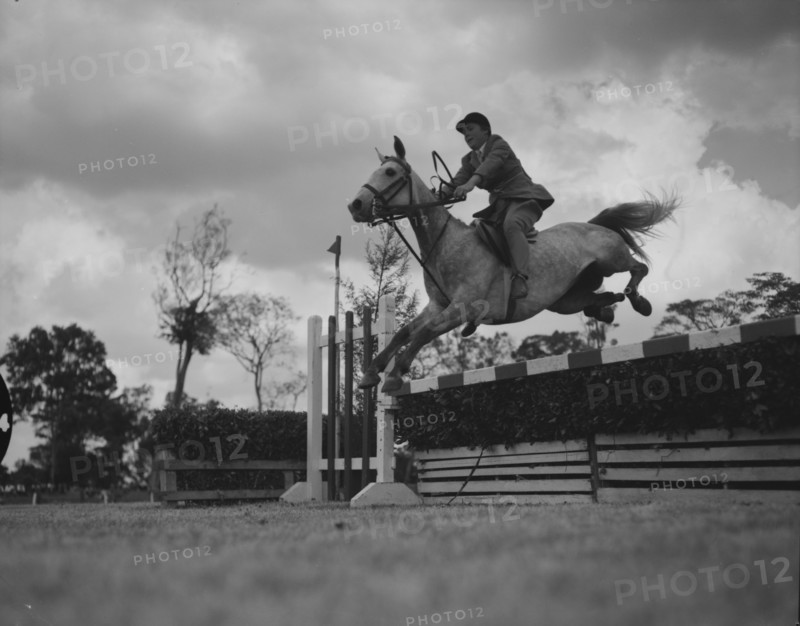 Lili Marlene' jumps a fence. Susan Millbank and her horse 'Lili Marlene' jump over a fence in the class nine JA jumping competition at the SJAK show (Sports Journalists Association of Kenya). Kenya, 25 August 1956. Kenya, Eastern Africa, Africa.