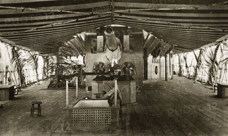 Quarter deck of HMS Danae. The quarter deck of HMS Danae, a Light Cruiser warship belonging to the British Special Service Squadron. Pacific Ocean near Fiji, 21-27 May 1924. Fiji, Pacific Ocean, Oceania.
