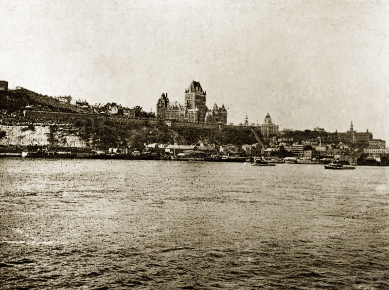 Quebec waterfront. The grandiose Chateau Frontenac Hotel overlooks the waterfront. Quebec, Canada, 18 August-2 September 1924. Quebec, Quebec, Canada, North America, North America .