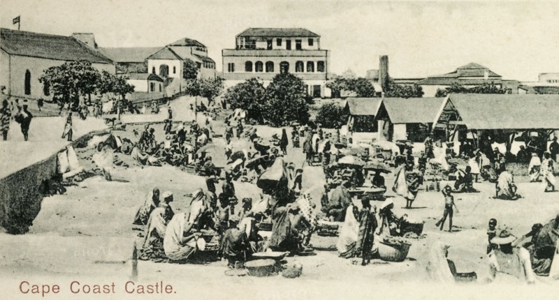 Cape Coast castle. Scene showing a busy local market taking place inside a castle. Cape Coast, Gold Coast (Ghana), circa 1918. Cape Coast, Central (Ghana), Ghana, Western Africa, Africa.