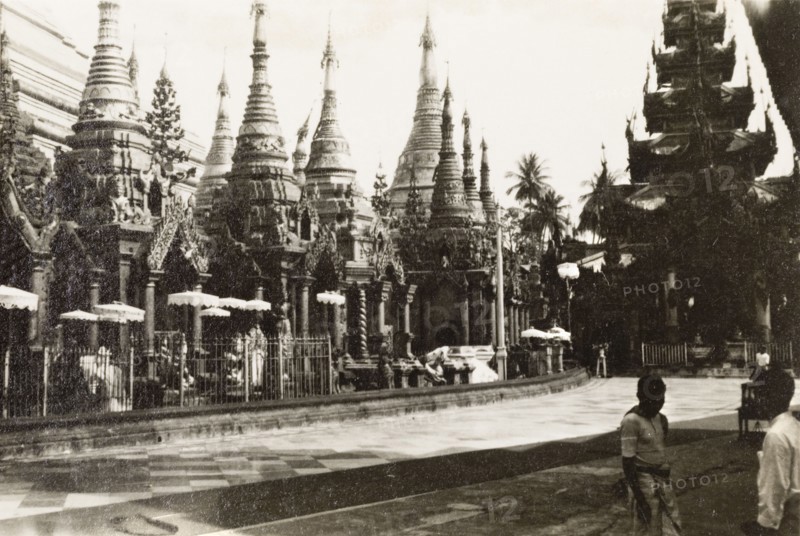 Planetary posts at the Shwe Dagon Pagoda. A number of ornate planetary posts stand at the base of the Shwe Dagon Pagoda. Each post represents the eight days of the week (Wednesday is separated into AM and PM) and features its own planet and animal symbol. Rangoon (Yangon), Burma (Myanmar), circa 1925. Yangon, Yangon, Burma (Myanmar), South East Asia, Asia.