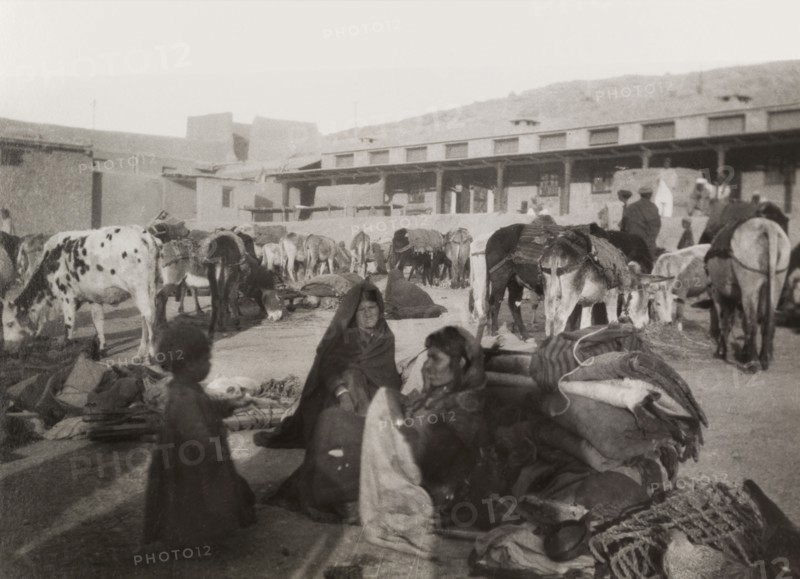 Bedouins take a rest. A group of bedouins take a rest from travelling to feed their animals in an enclosed courtyard. Amongst their belongings, heaped on the ground, are cooking pots and blankets. Probably Northern Africa, circa 1925., Northern Africa, Africa.