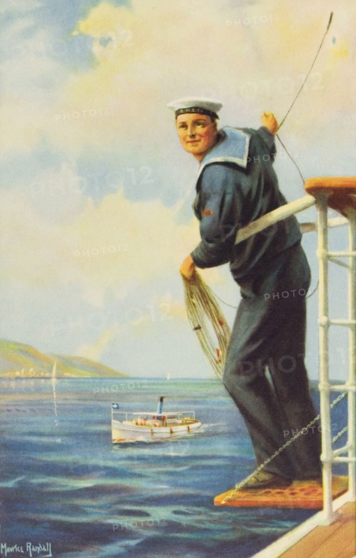 Sailor on the Blue Funnel Line. A postcard depicts a uniformed sailor gathering rope aboard a Blue Funnel Line steamer. His hat bears the intials: 'A.H. & Co.', a reference to Alfred Holt & Co. who established the Blue Funnel Line in 1866. Location unknown, circa 1920.