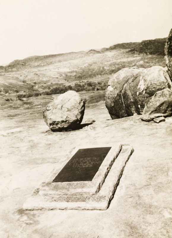 The grave of Cecil Rhodes. The grave of Cecil John Rhodes (1853-1902), located on a hilltop in the Matopos Hills. Rhodes was the effective founder of the state of Rhodesia in southern Africa, which was named after him. Bulawayo, Southern Rhodesia (Zimbabwe), circa 1930. Bulawayo, Zimbabwe, Southern Africa, Africa.